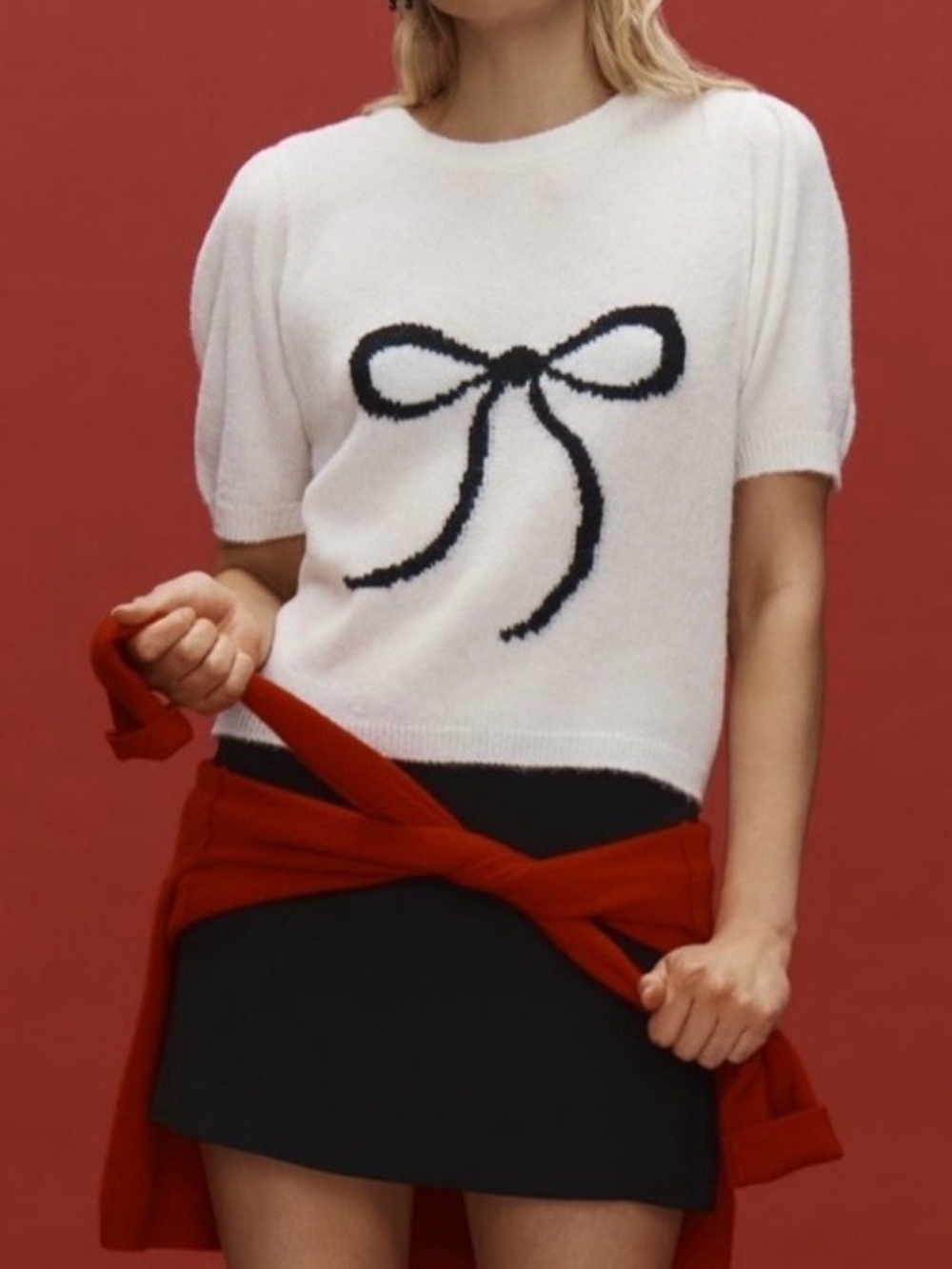 Anthropologie White Short-Sleeve Sweater with Black Bow Motif